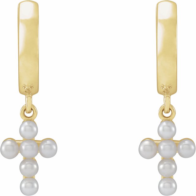 14K Yellow Cultured White Seed Pearl Cross Hoop Earrings