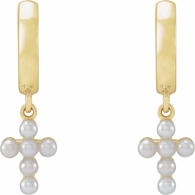 14K Yellow or White Gold Cultured White Seed Pearl Cross Hoop Earrings 14K Yellow or White Gold Cultured White Seed Pearl Cross Hoop Earrings