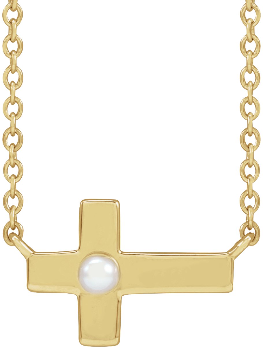 14K Yellow Cultured White Seed Pearl Sideways Cross 16-18" Necklace