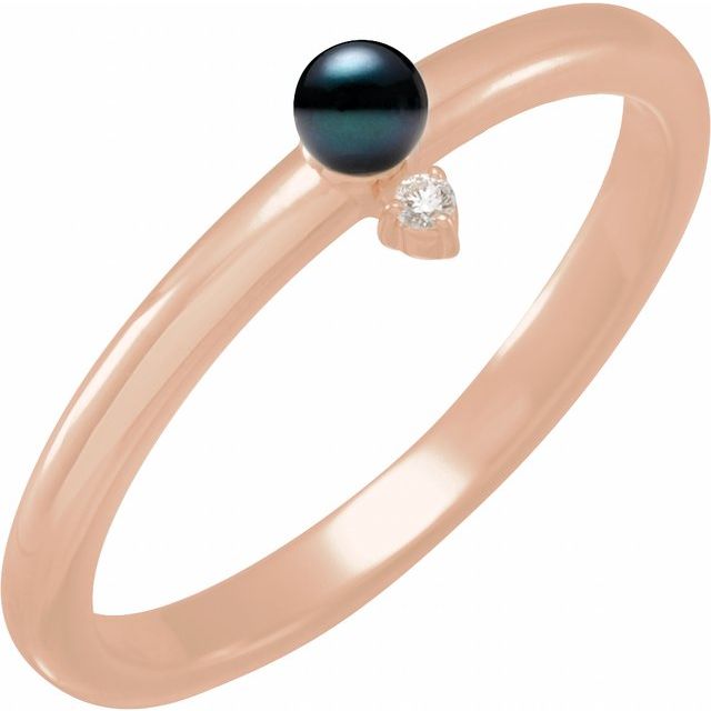14K Rose Cultured Black Akoya Pearl & .015 CT Natural Diamond Ring