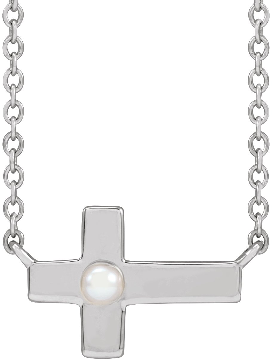 Sterling Silver Cultured White Seed Pearl Sideways Cross 16-18" Necklace