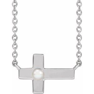 Sterling Silver Cultured White Seed Pearl Sideways Cross 16-18" Necklace