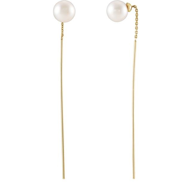 14K Yellow Cultured White Freshwater Pearl Threader Earrings