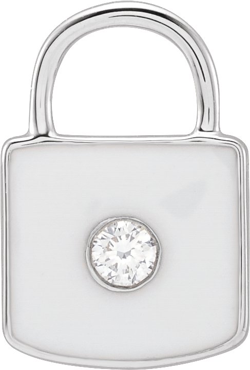14K White .035 CT Natural  Diamond & White Enamel Lock Charm/Pendant