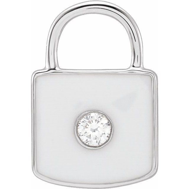 14K White .035 CT  Natural Diamond & White Enamel Lock Charm/Pendant