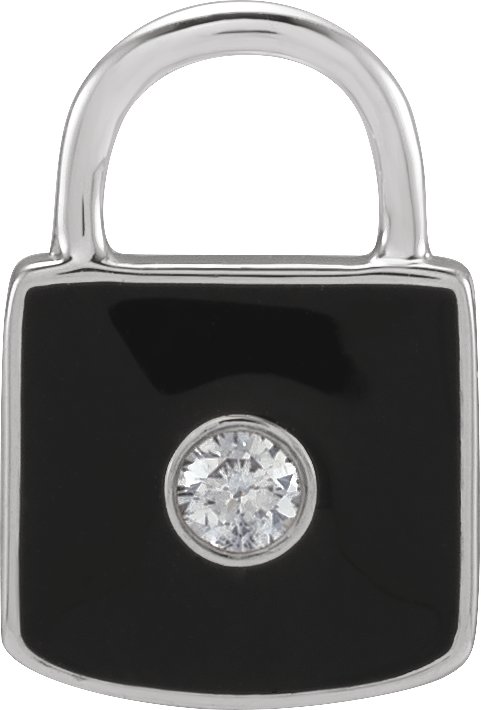 14K White .035 CT Natural  Diamond & Black Enamel Lock Charm/Pendant