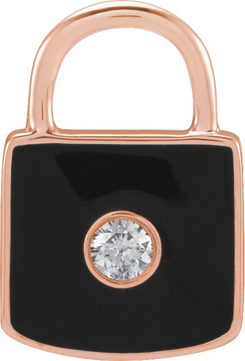 14K Rose .035 CT Natural Diamond and Black Enamel Lock Charm or Pendant Ref 18628496