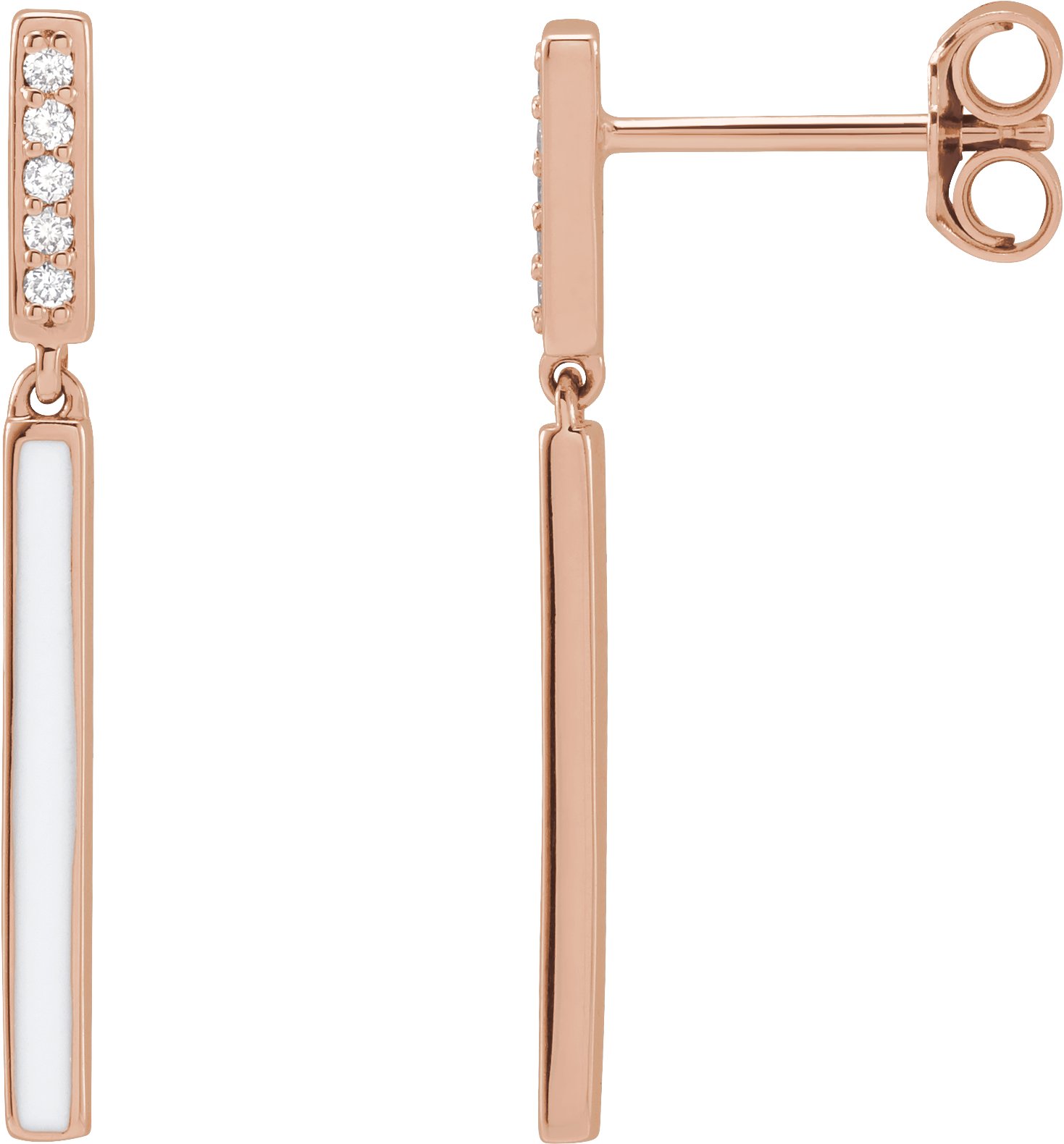 14K Rose .06 CTW Natural Diamond & White Enamel Bar Earrings