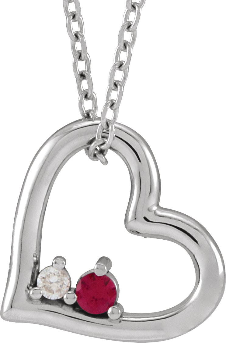 14K White Natural Ruby & .015 CT Natural Diamond Heart 18" Necklace