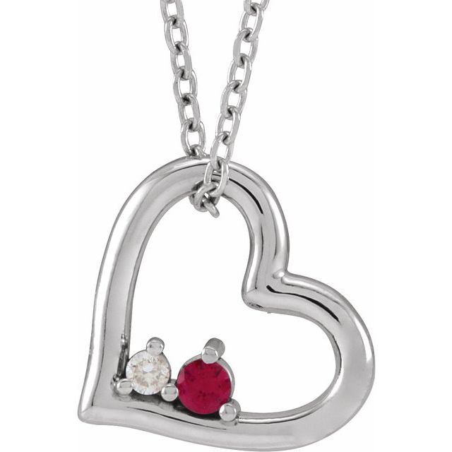 14K White Natural Ruby & .015 CT Natural Diamond Heart 18" Necklace