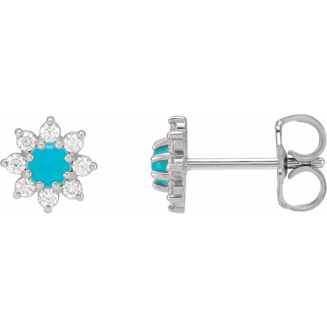 14K White Natural Turquoise & 1/8 CTW Natural Diamond Flower Earrings