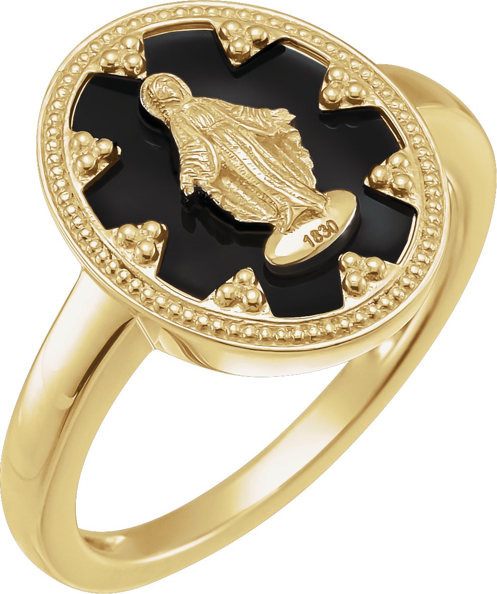 14K Yellow Oval Black Enamel Miraculous Medal Ring