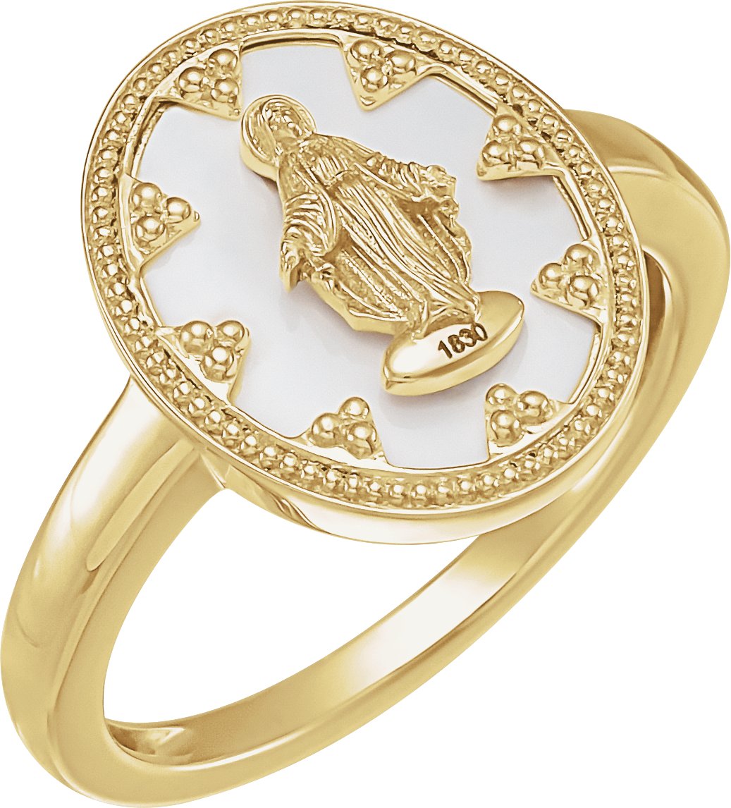 14K Yellow Oval White Enamel Miraculous Medal Ring Ref 18786185