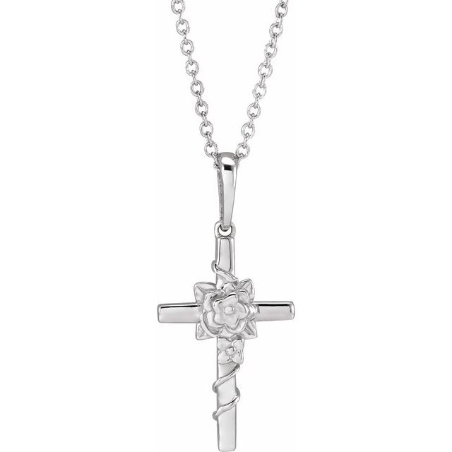 14K White Floral Cross 16-18" Necklace