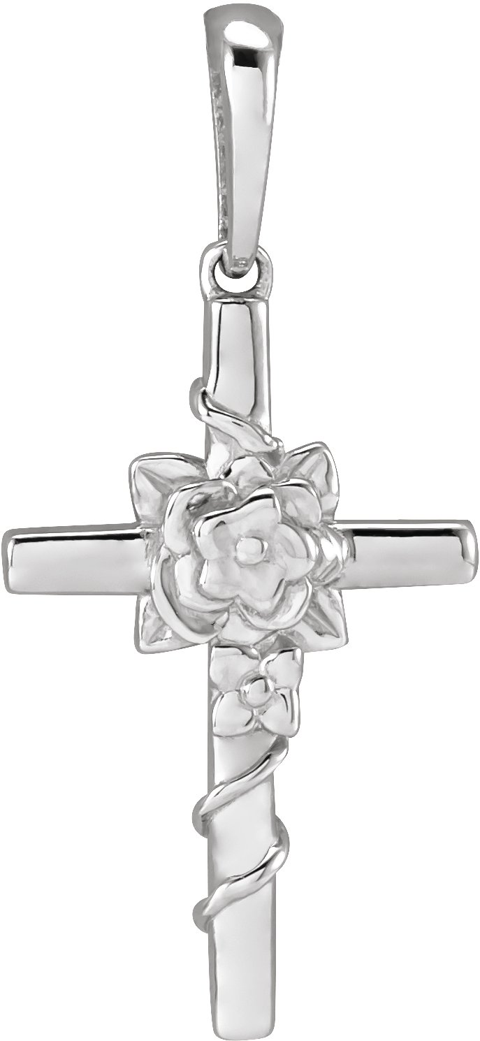 14K White 24.26x10.99 mm Floral Cross Pendant