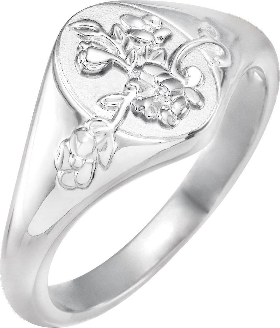 14K White 10.8 mm Oval Floral Signet Ring