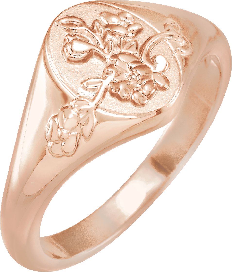 14K Rose 10.8 mm Oval Floral Signet Ring