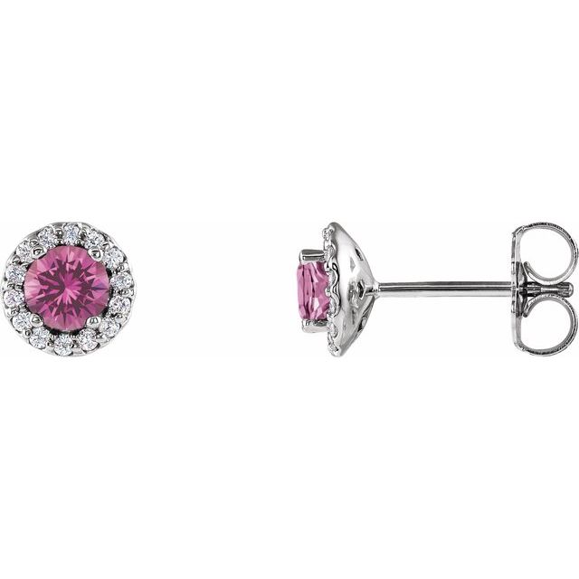 14K White 4 mm Natural Pink Sapphire & 1/10 CTW Natural Diamond Earrings