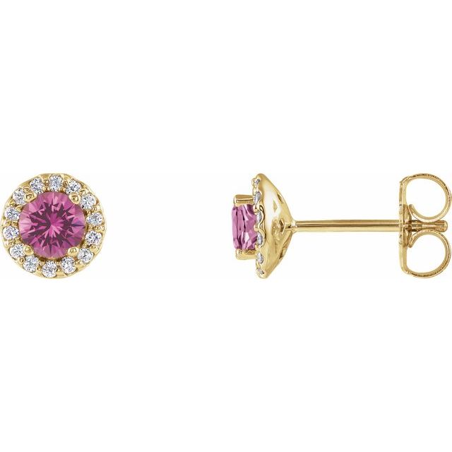 14K Yellow 4 mm Natural Pink Sapphire & 1/10 CTW Natural Diamond Earrings