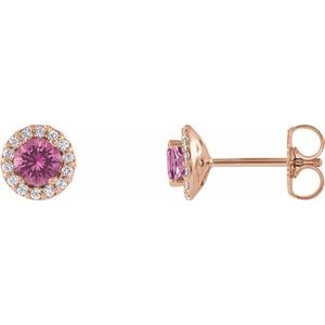 14K Rose 4 mm Natural Pink Sapphire & 1/10 CTW Natural Diamond Earrings