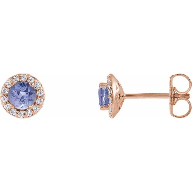 14K Rose 4 mm Natural Blue Tanzanite & 1/10 CTW Natural Diamond Earrings