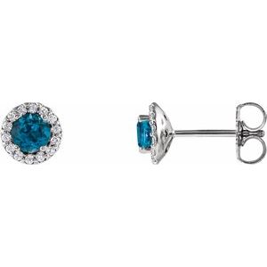 14K White 4 mm Natural London Blue Topaz & 1/10 CTW Natural Diamond Earrings
