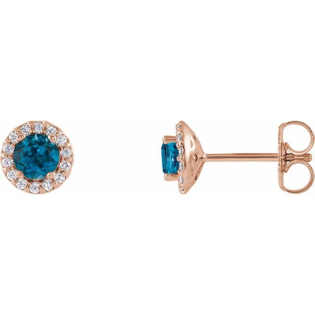 14K Rose 4 mm Natural London Blue Topaz & 1/10 CTW Natural Diamond Earrings