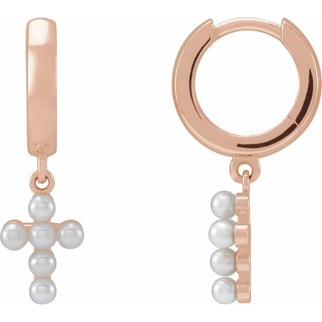 14K Rose Cultured White Seed Pearl Cross Hoop Earrings