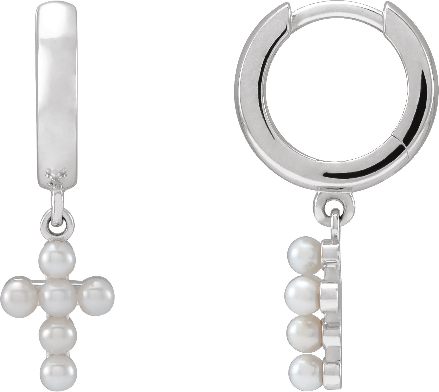 Sterling Silver Cultured White Seed Pearl Cross Hoop Earrings