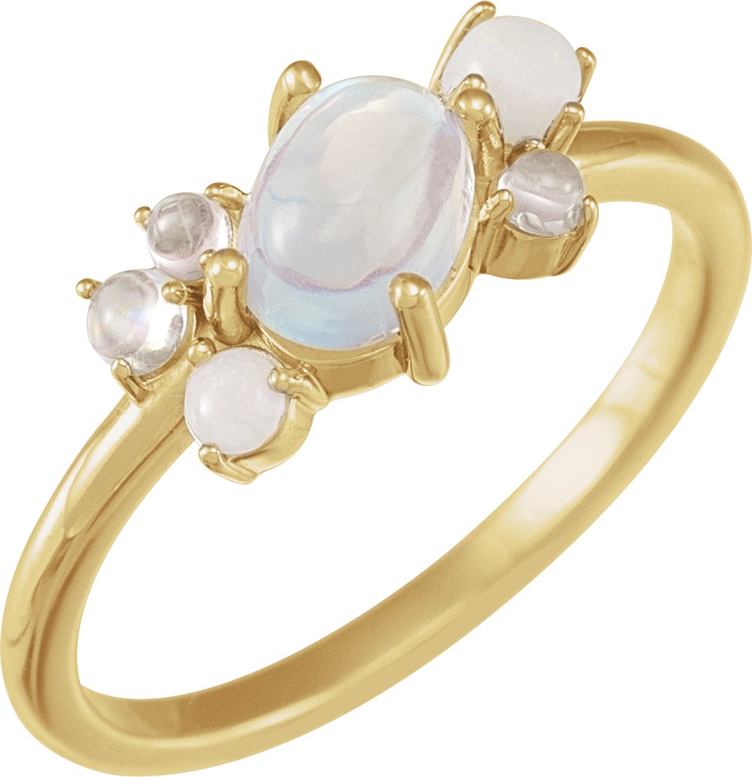 14K Yellow Natural Rainbow Moonstone & Multi-Gemstone Scattered Cabochon Ring