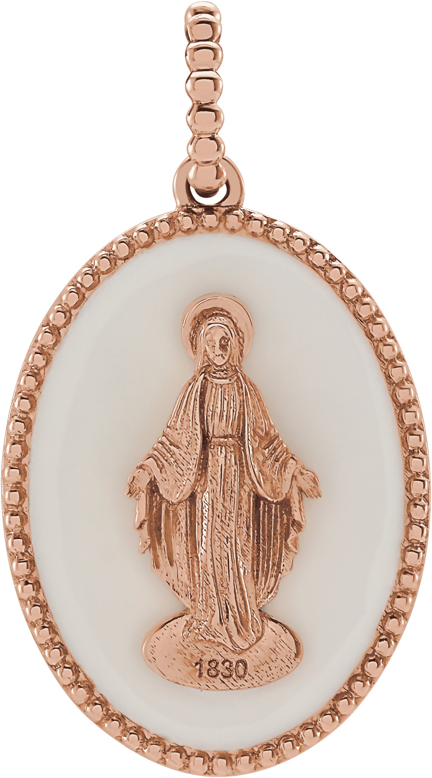 14K Rose White Enamel Miraculous Medal Pendant