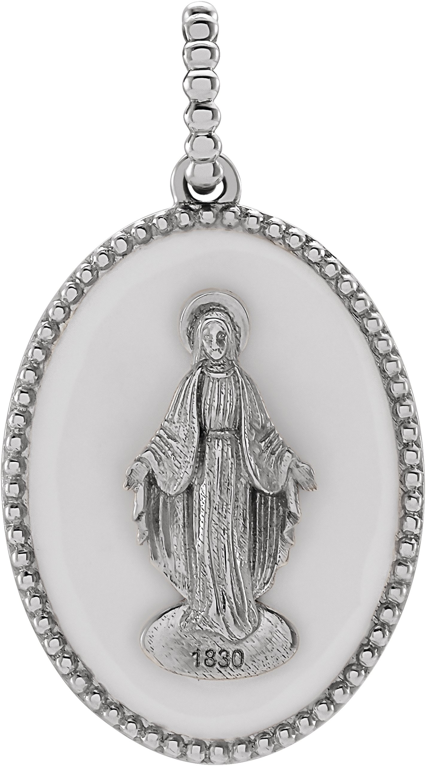 14K White White Enamel Miraculous Medal Pendant