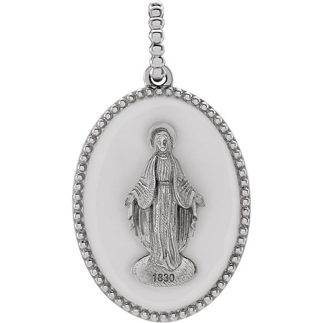 Sterling Silver 22x15.1 mm White Enameled Miraculous Medal
