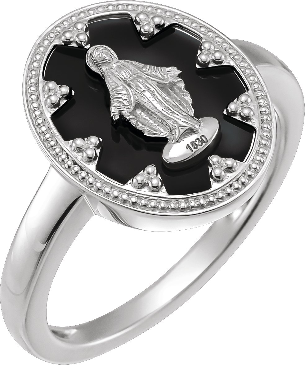 14K White Oval Black Enamel Miraculous Medal Ring