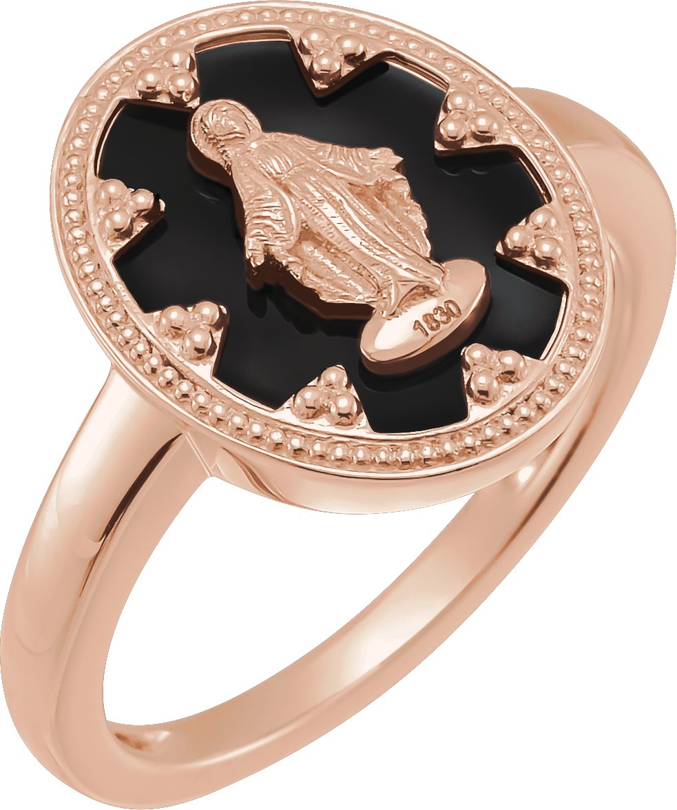 14K Rose Oval Black Enamel Miraculous Medal Ring