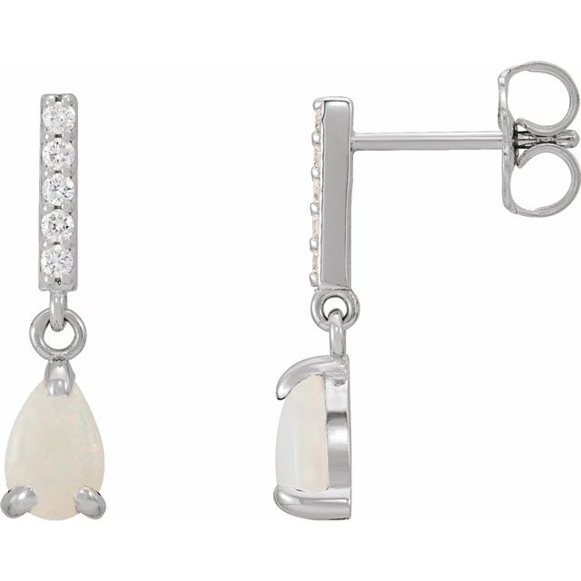 14K White Natural White Opal & .08 CTW Natural Diamond Earrings