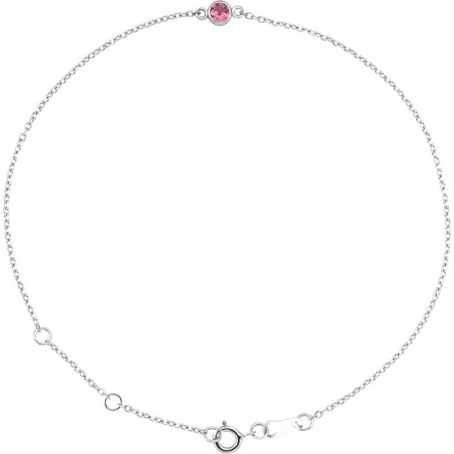 14K White Natural Pink Tourmaline Bezel-Set Solitaire 6 1/2-7 1/2" Bracelet