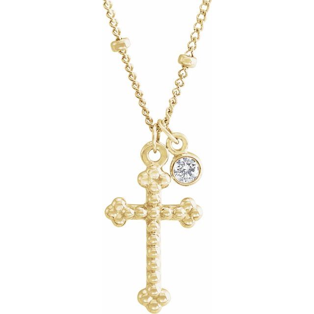 14K Yellow .06 CT Diamond Dangle & Beaded Cross 20 Necklace