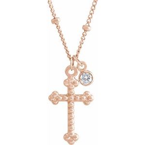 14K Rose .06 CT Diamond Dangle & Beaded Cross 20" Necklace
