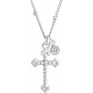 Sterling Silver .06 CT Natural Diamond Beaded Cross 20" Necklace