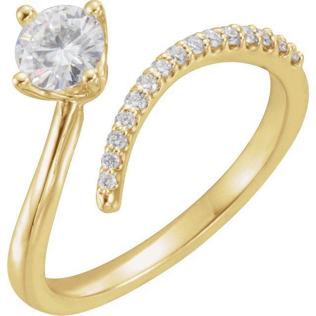14K Yellow 5 mm Round Forever One™ Lab-Grown Near Colorless Moissanite & 1/10 CTW Natural Diamond Ring