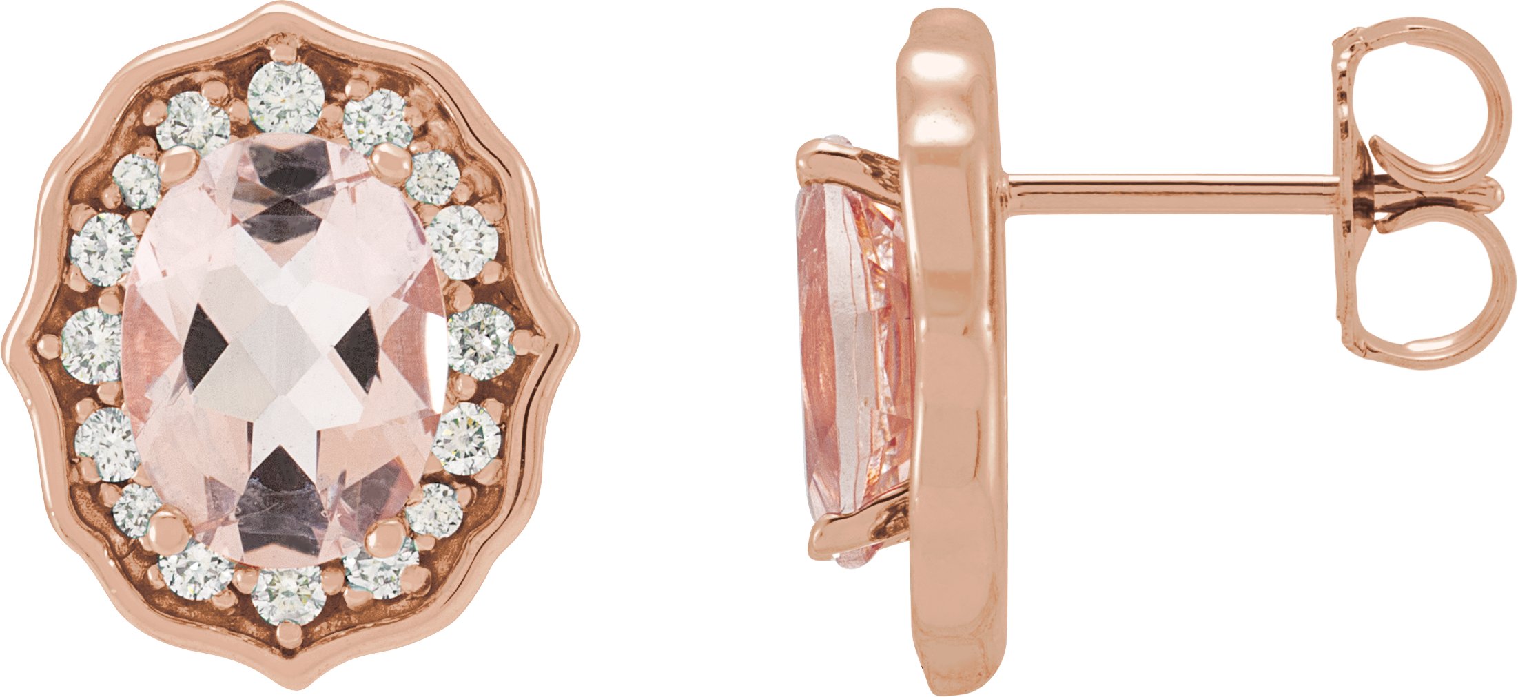 14K Rose Natural Peach Morganite & 1/3 CTW Diamond Earrings