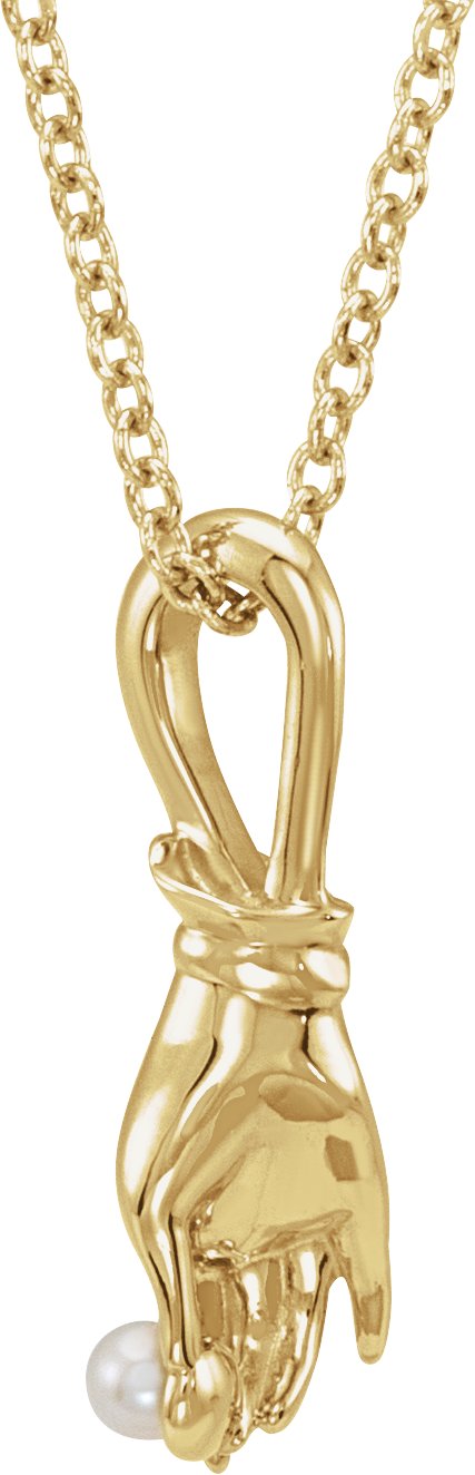 14K Yellow Cultured White Seed Pearl Buddha Hand 16-18 Necklace