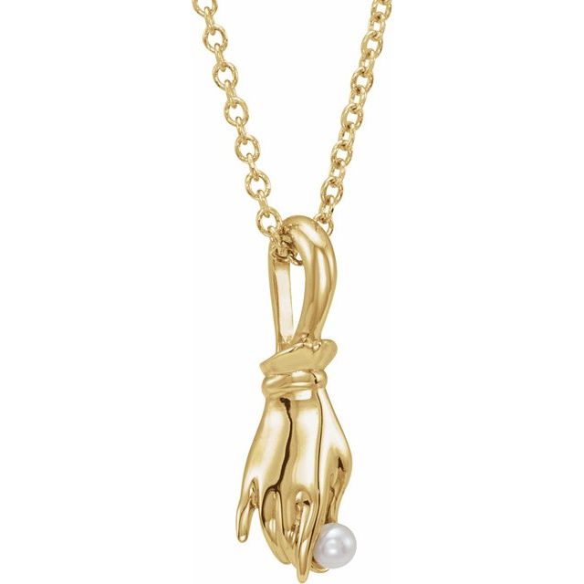 14K Yellow Cultured White Seed Pearl Buddha Hand 16-18 Necklace