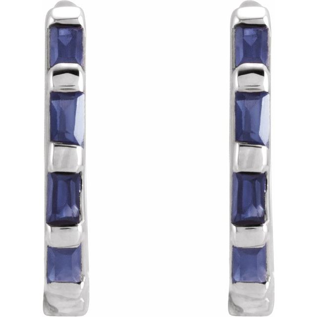 14K White Natural Blue Sapphire Huggie Earrings
