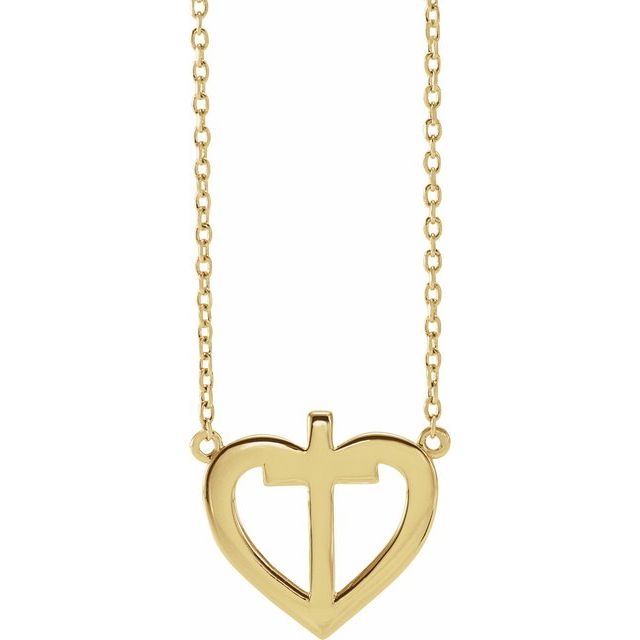 14K Yellow .0025 CT Natural Diamond Heart & Cross 18 Necklace
