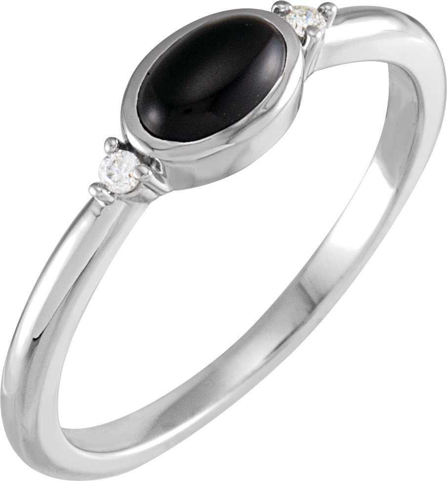 14K White 6x4 mm Round Natural Black Onyx & .03 CTW Natural Diamond Ring