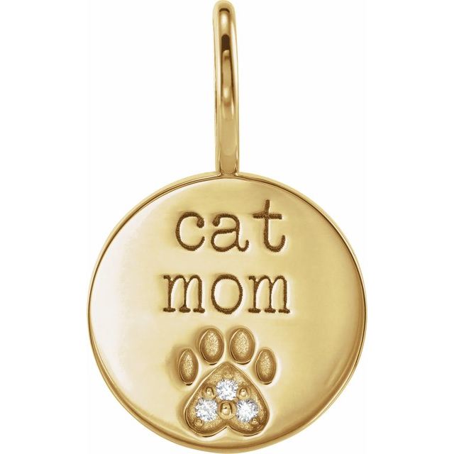14K Yellow .01 CTW Natural Diamond Engraved Cat Mom Paw Print Charm/Pendant