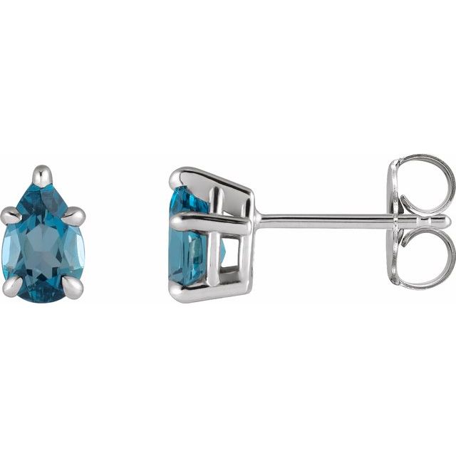 14K White Natural London Blue Topaz 5-Prong Claw Stud Earrings