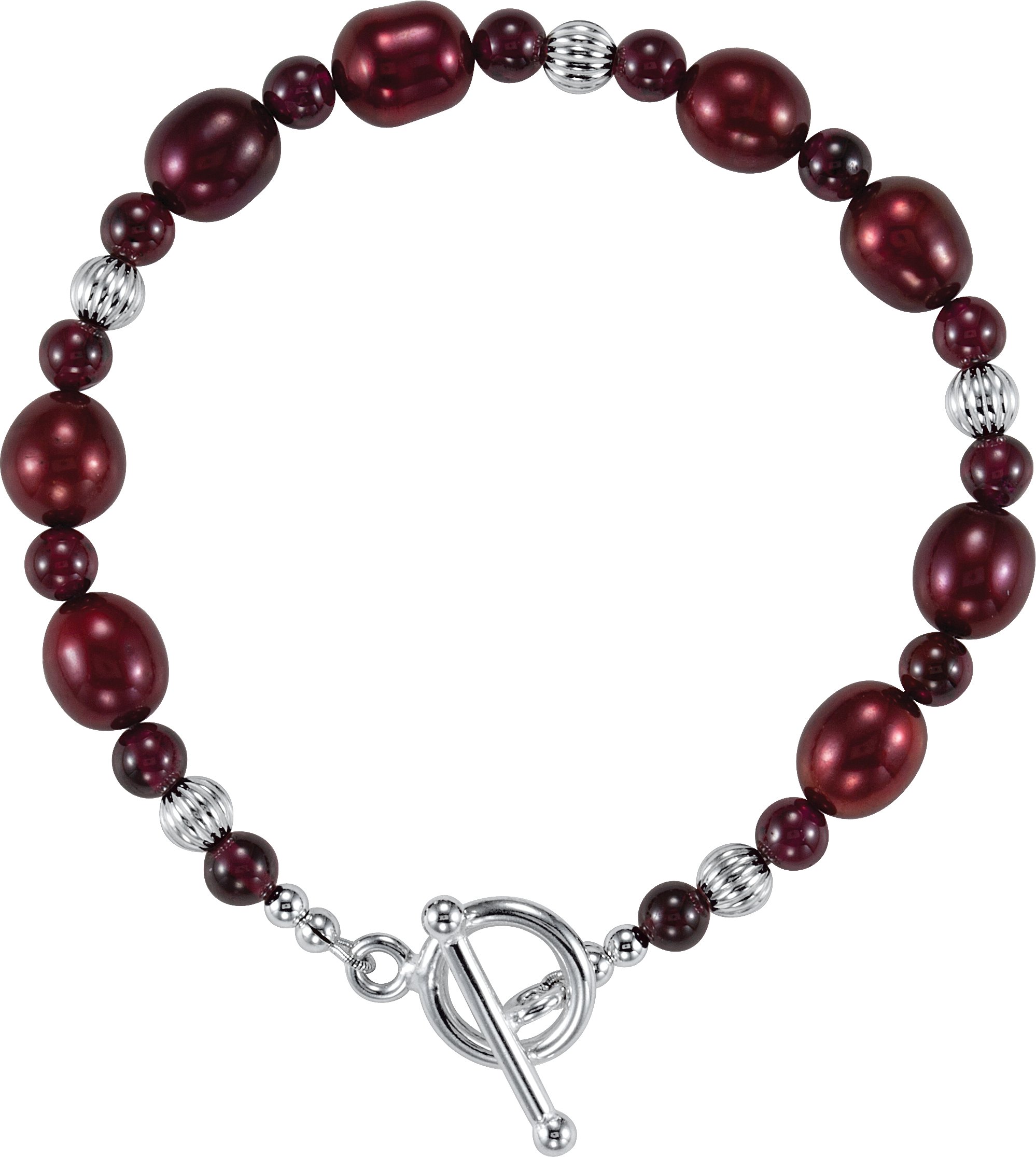 Sterling Silver Red Freshwater Cultured Pearl & Rhodolite Garnet 7 1/2" Bracelet